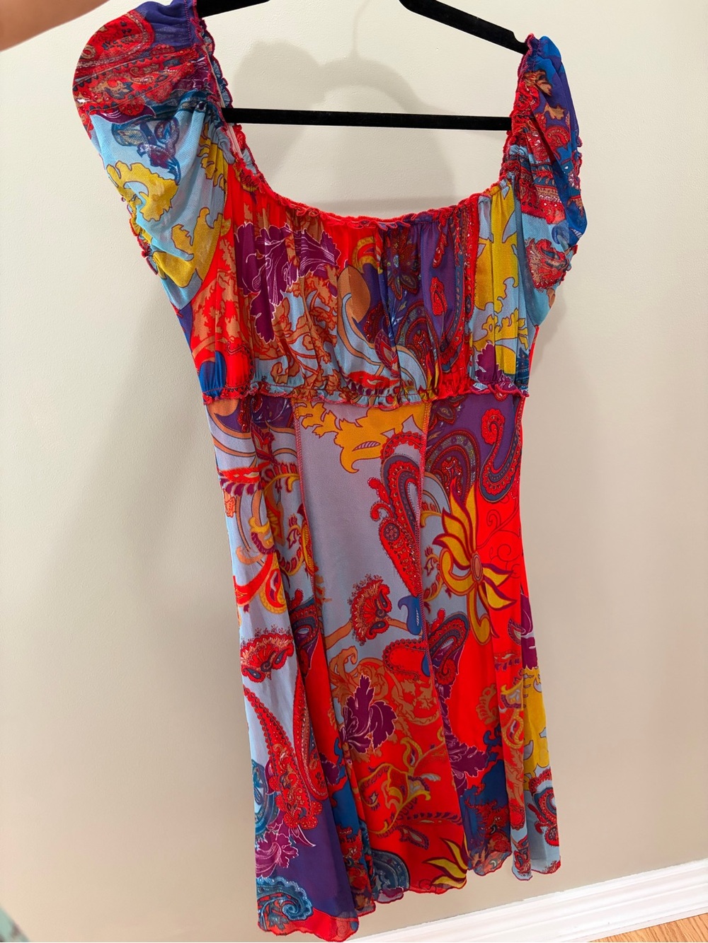 Vintage Bohemian Off-Shoulder Paisley Print Midi Fairy Dress in Red & Multi